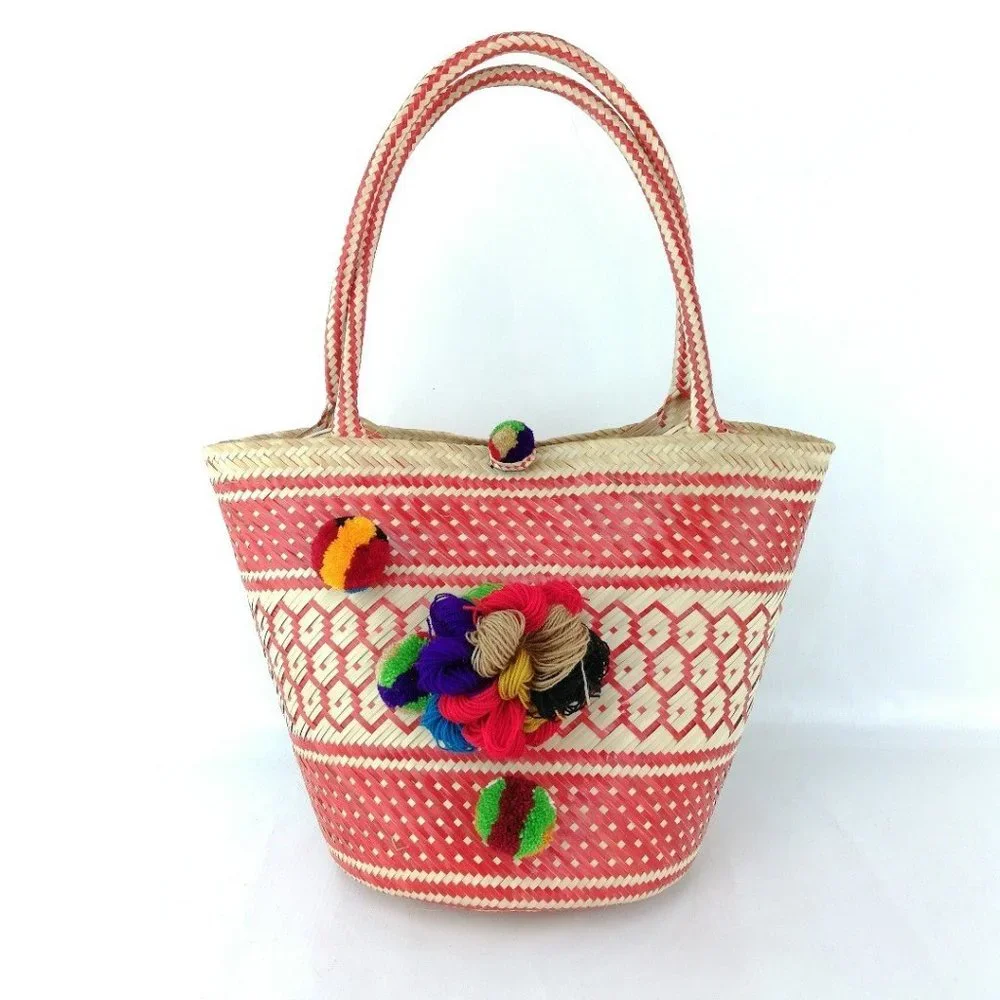 Handwoven Straw Bag with Pom Poms - Picture 1 of 3